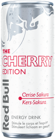 A full chilled can of Red Bull Cherry Edition