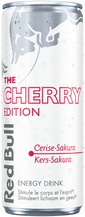 A full chilled can of Red Bull Cherry Edition