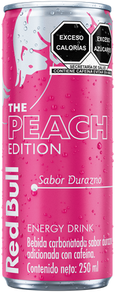 A full chilled can of Red Bull Peach Edition