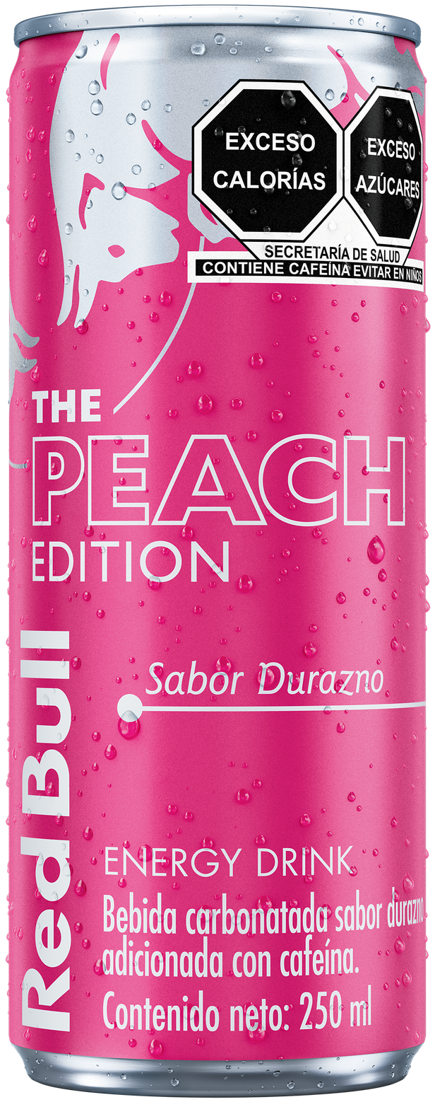 A full chilled can of Red Bull Peach Edition