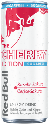 A chilled can of Red Bull Cherry Edition Sugarfree