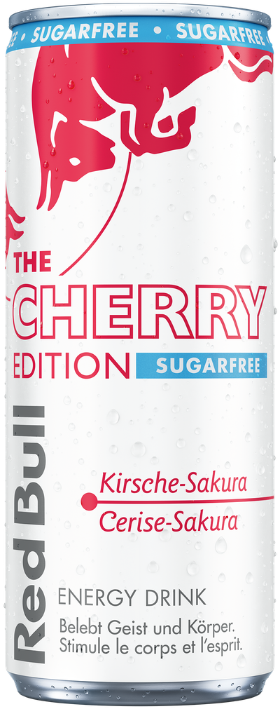 A chilled can of Red Bull Cherry Edition Sugarfree