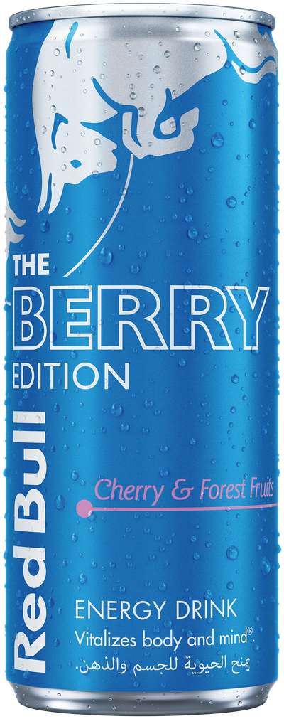 A chilled can of Red Bull Berry Edition