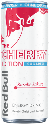 A chilled can of Red Bull Cherry Edition Sugarfree
