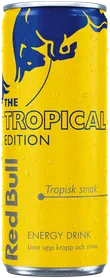 A full chilled can of Red Bull Tropical Edition