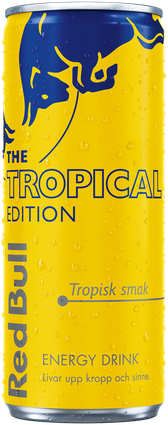 A full chilled can of Red Bull Tropical Edition