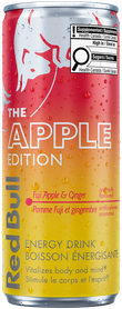 A full chilled can of Red Bull Apple Edition
