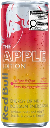 A full chilled can of Red Bull Apple Edition