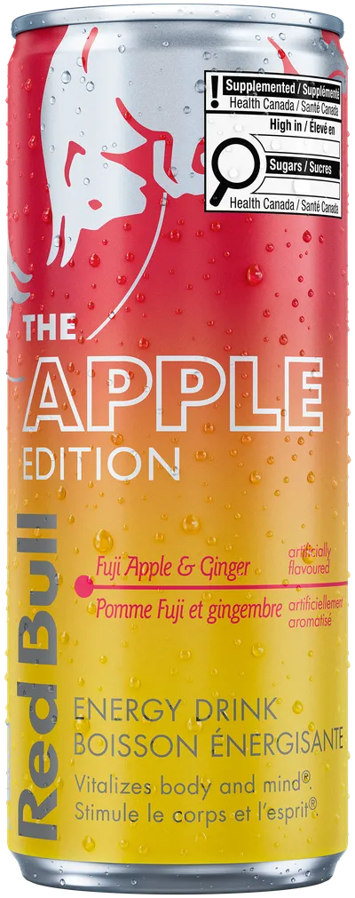 A full chilled can of Red Bull Apple Edition