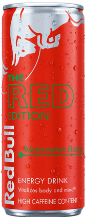 A full chilled can of Red Bull Red Edition