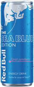 A full chilled can of Red Bull Sea Blue Edition