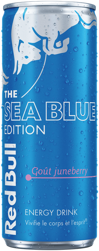 A full chilled can of Red Bull Sea Blue Edition