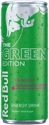 Image of a chilled can of Red Bull Green Edition
