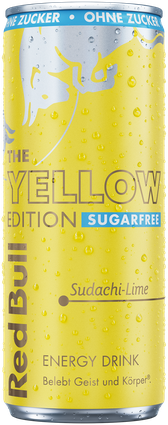 A full chilled can of Red Bull Yellow Edition Sugarfree