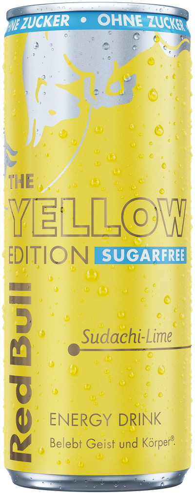A full chilled can of Red Bull Yellow Edition Sugarfree