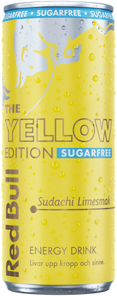 A full chilled can of Red Bull Yellow Edition Sugarfree