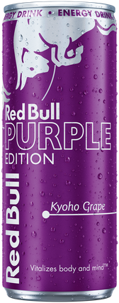 A full chilled can of Red Bull Purple Edition
