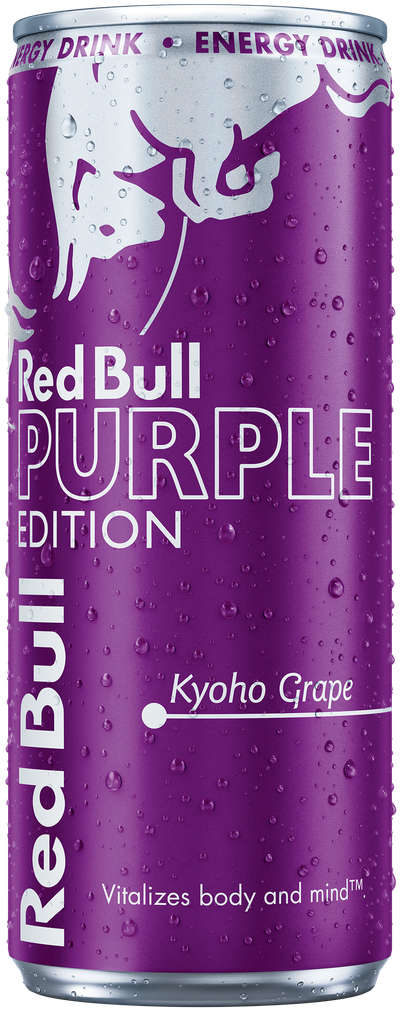 A full chilled can of Red Bull Purple Edition
