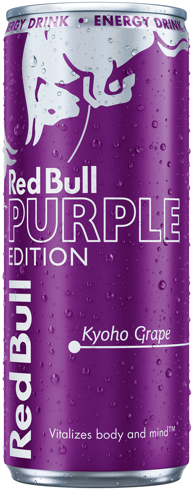 A full chilled can of Red Bull Purple Edition