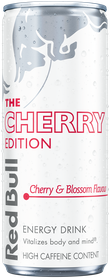 A chilled can of Red Bull Cherry Edition