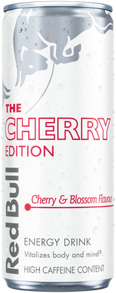 A chilled can of Red Bull Cherry Edition