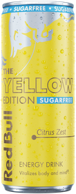 A chilled can of Red Bull Yellow Edition Sugarfree