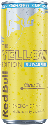 A chilled can of Red Bull Yellow Edition Sugarfree