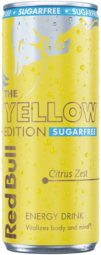 A chilled can of Red Bull Yellow Edition Sugarfree