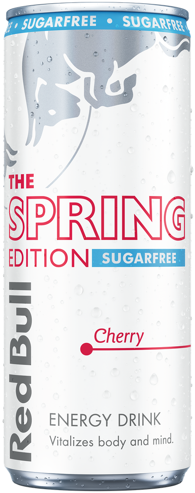 A full chilled can of Red Bull Spring Edition