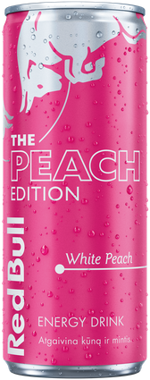 A full chilled can of Red Bull Peach Edition