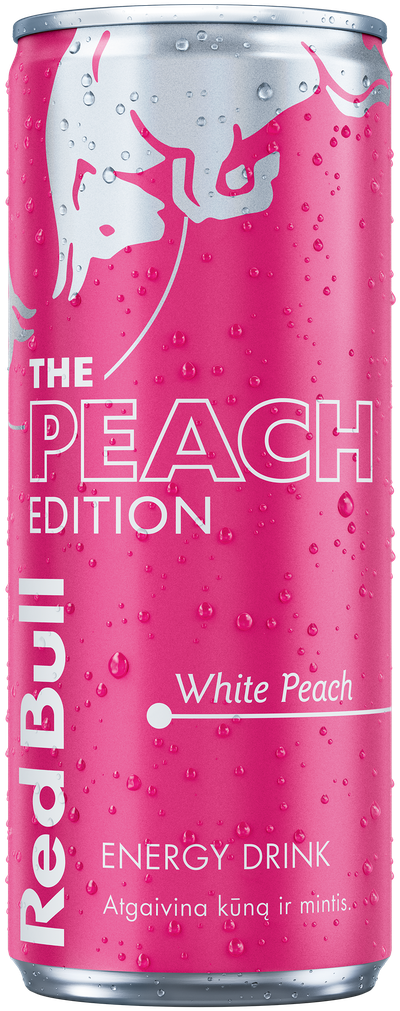 A full chilled can of Red Bull Peach Edition