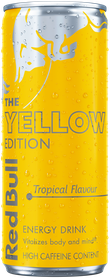 A full chilled can of Red Bull Yellow Edition