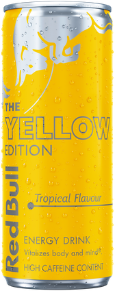 A full chilled can of Red Bull Yellow Edition