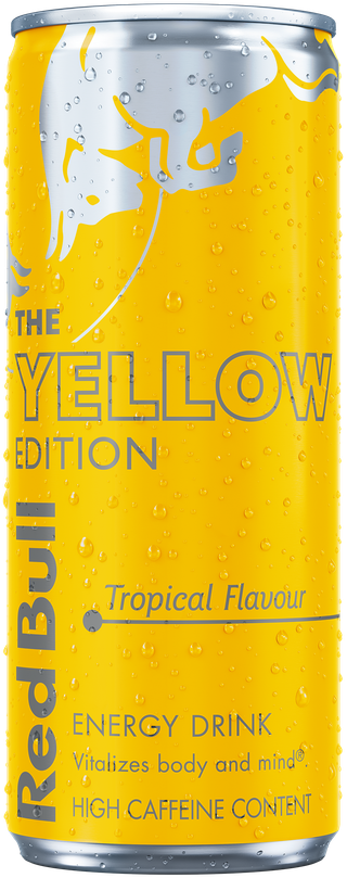 A full chilled can of Red Bull Yellow Edition
