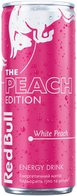 A chilled can of Red Bull Peach Edition