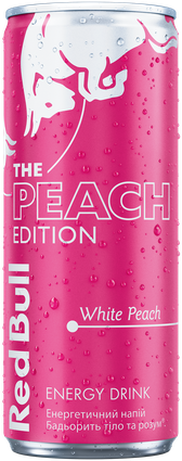 A chilled can of Red Bull Peach Edition
